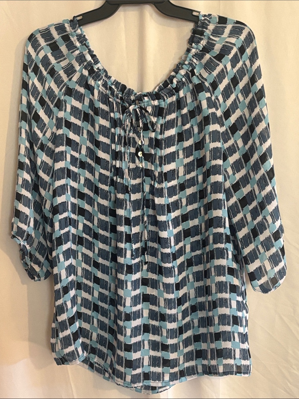 Women’s Navy, Turquoise and Black Patterned Peasant Blouse, by Quintessential